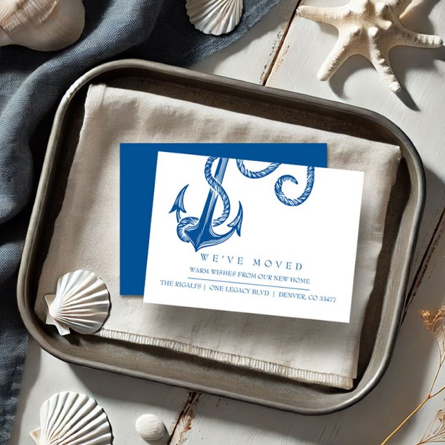 Coastal New Home Moving Announcement (Beach moving announcement card dark blue anchor.)