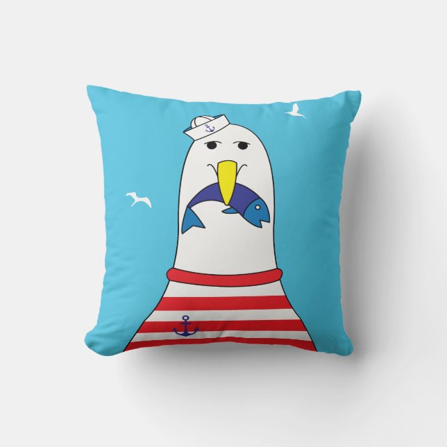 Coastal Nursery Decor Cute Seagull Character Throw Pillow (Front)