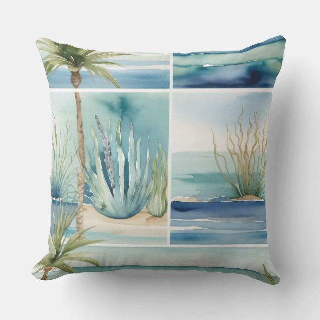 Coastal Oasis Watercolor Decor Throw Pillow (Front)