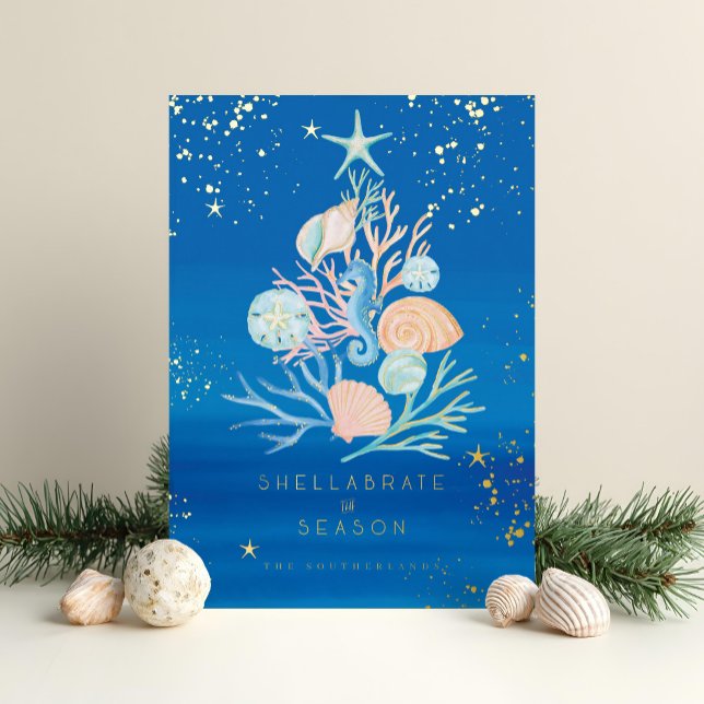 Coastal Ocean Beach Seashell Christmas Tree Foil Holiday Card (Coastal Ocean Beach Seashell Christmas Tree Foil Holiday Card)