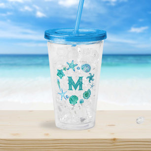 Coastal Ocean Blue Seashells and Starfish Monogram Acrylic Tumbler
