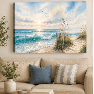 Coastal Ocean Canvas Print   Watercolor Beach Wave