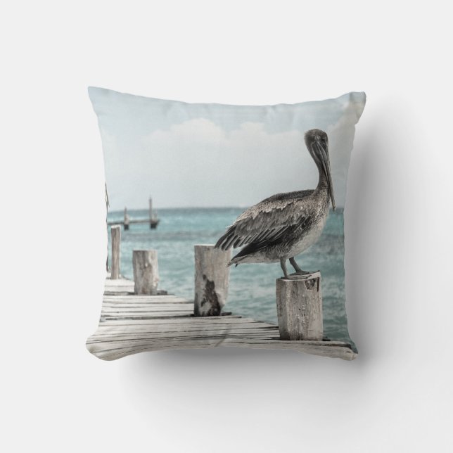 Coastal Ocean Pelican Throw Pillow (Front)