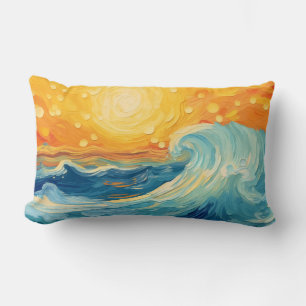 Coastal Oil Painting Sun and Waves Lumbar Pillow