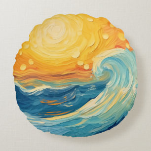 Coastal Oil Painting Sun and Waves Round Pillow