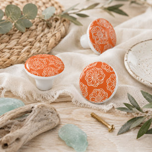 Coastal Orange Floral Ceramic Drawer Pull