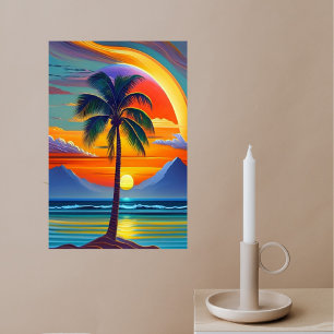 Coastal Orange Sunset Palm Illustration Poster
