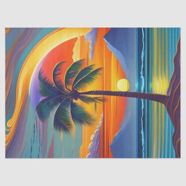 Coastal Orange Sunset Palm Illustration Tissue Paper (Front)