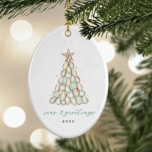 Coastal Oyster Shell Christmas Photo Ceramic Ornament