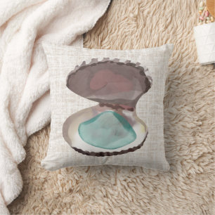 Coastal Oyster with Teal Sea Glass Throw Pillow