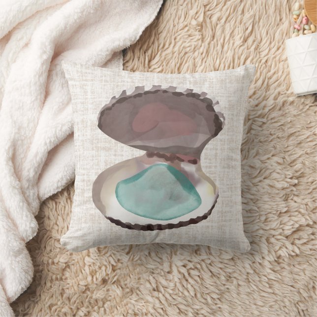 Coastal Oyster with Teal Sea Glass Throw Pillow (Blanket)