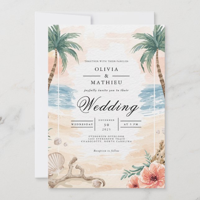 Coastal Palm Arch Wedding Invitation (Front)