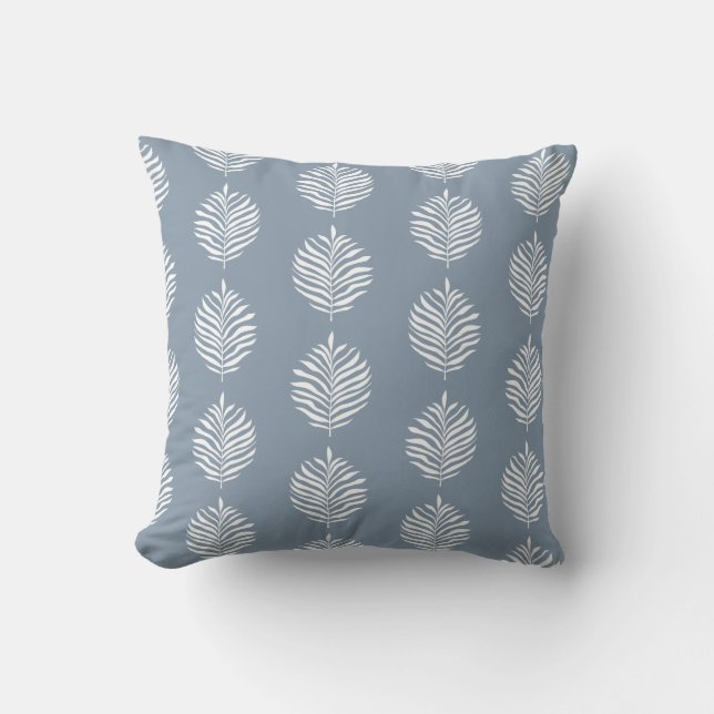 Coastal Palm Leaf Pattern Dusty Blue Throw Pillow (Front)