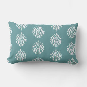 Coastal Palm Leaf Pattern Dusty Turquoise Lumbar Pillow