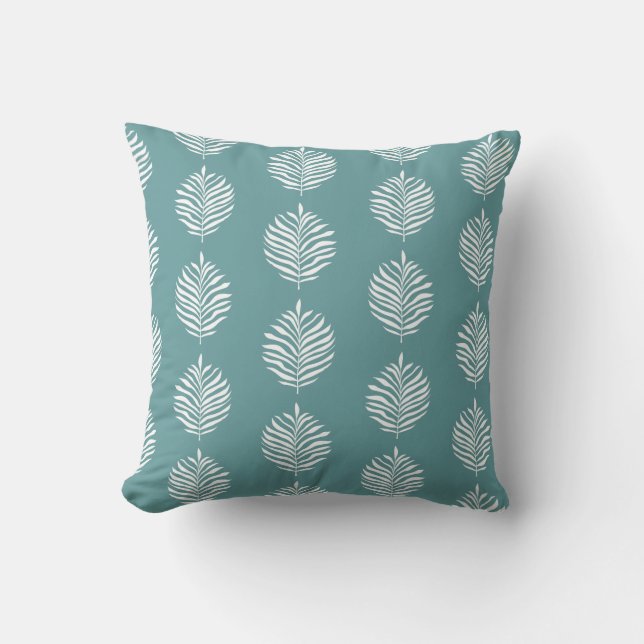 Coastal Palm Leaf Pattern Dusty Turquoise Throw Pillow (Front)