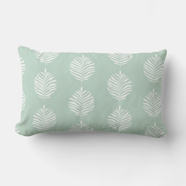 Coastal Palm Leaf Pattern Mist Jade Lumbar Pillow (Front)