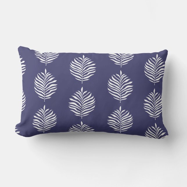 Coastal Palm Leaf Pattern Navy Blue Lumbar Pillow (Front)