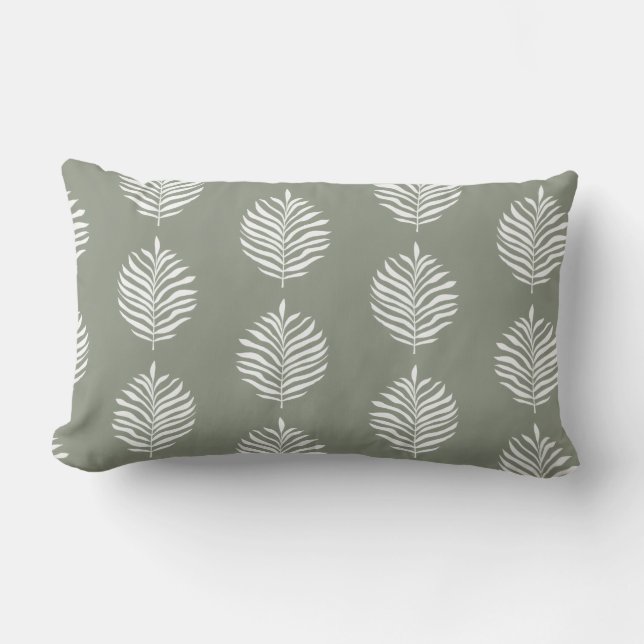 Coastal Palm Leaf Pattern Sage Green Lumbar Pillow (Front)
