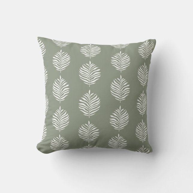Coastal Palm Leaf Pattern Sage Green Throw Pillow (Front)