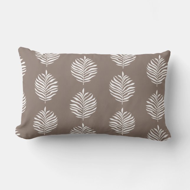 Coastal Palm Leaf Pattern Taupe Grey Lumbar Pillow (Front)