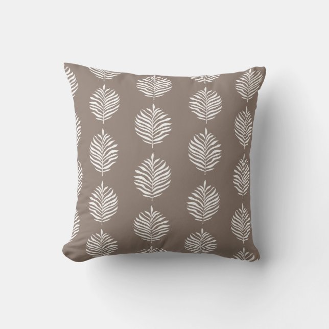 Coastal Palm Leaf Pattern Taupe Grey Throw Pillow (Front)