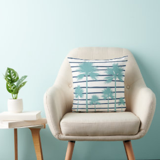 Coastal Palm Tree Beach Stripe Throw Pillow