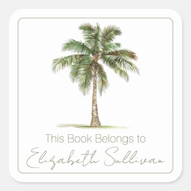 Coastal Palm Tree Personalized Bookplate Square Sticker (Front)