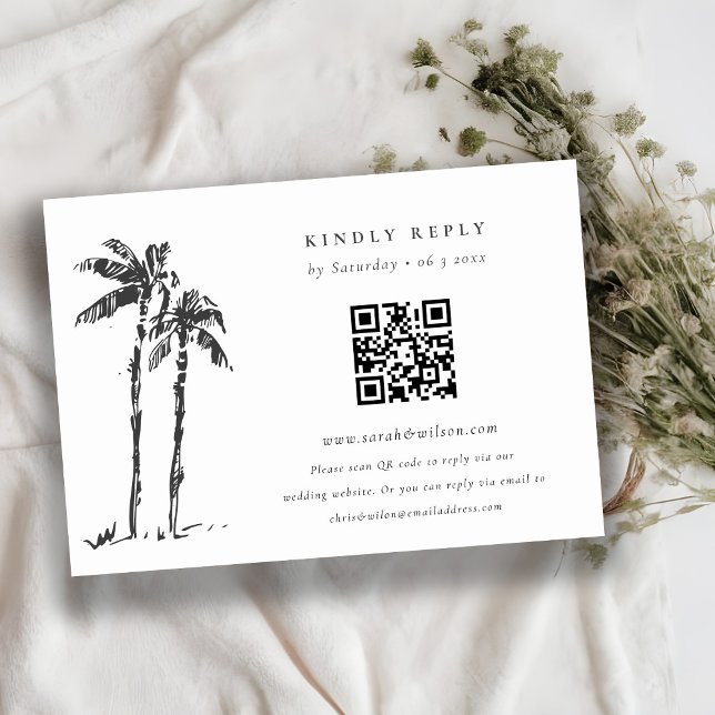 Coastal Palm Tree Sketch Wedding QR Code RSVP Enclosure Card (Creator Uploaded)