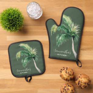 Coastal Palm Tree Watecolor Script Personalized Oven Mitt & Pot Holder Set