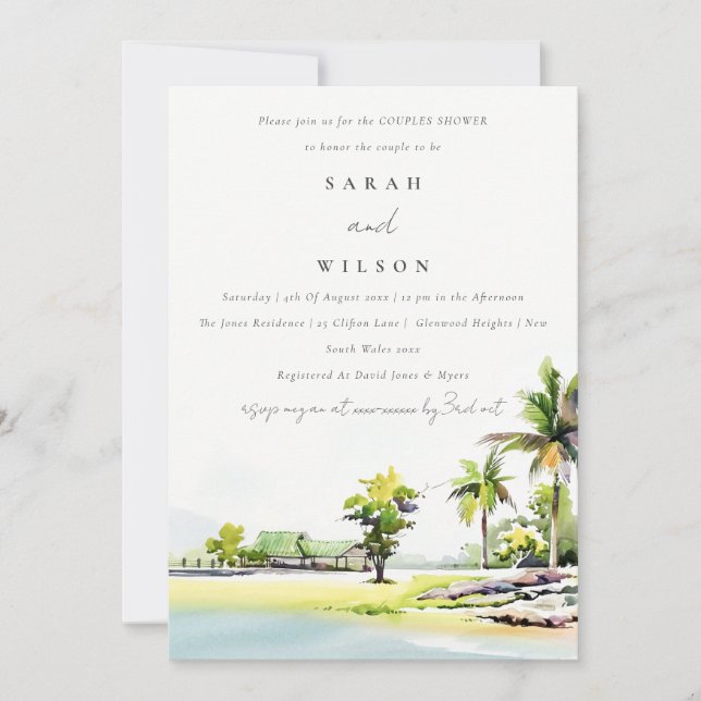 Coastal Palm Tree Watercolor Couples Shower Invite (Front)