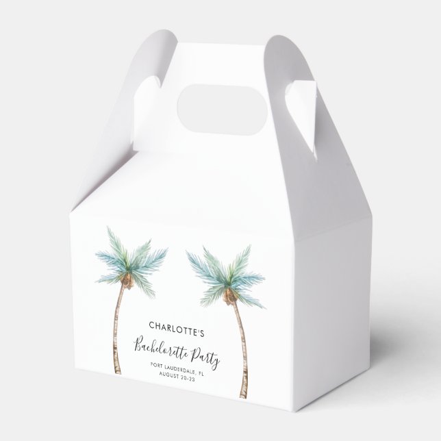 Coastal Palm Trees Script Bachelorette Party Favor Box (Front Side)