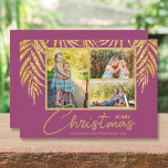 Coastal Palms Photo Collage Christmas Holiday Card<br><div class="desc">Three photos accented with faux gold glitter palm fronds on a raspberry background (see more colors in our store), these holiday Christmas photo cards have "It's A Wonderful Life", or any greeting you choose, and your names on the bottom in chic lettering. Select Matte for heaviest paper and High Definition...</div>
