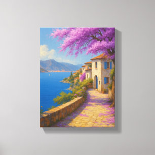 Coastal Path with Purple Blossom and Sea View Art Canvas Print