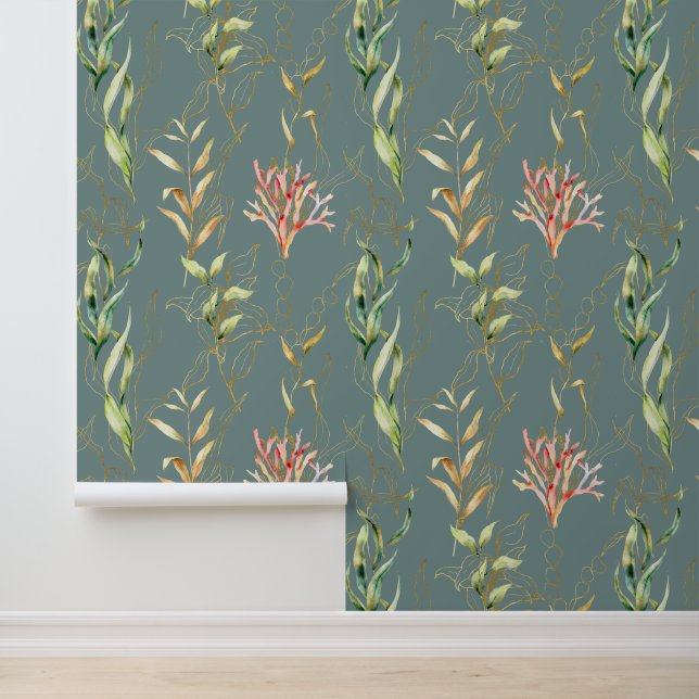 Coastal Pattern, Colourful, MInimal Seaweed Teal Wallpaper (Application)