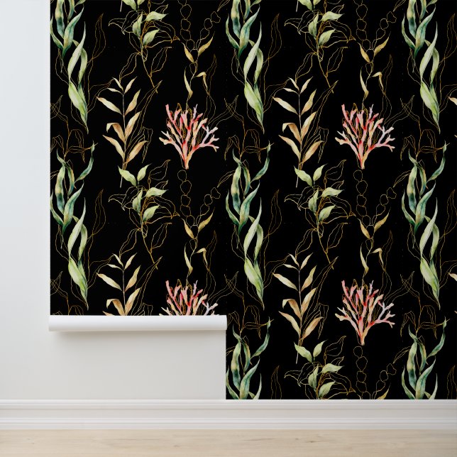 Coastal Pattern, MInimal Seaweed Pattern on Black Wallpaper (Application)