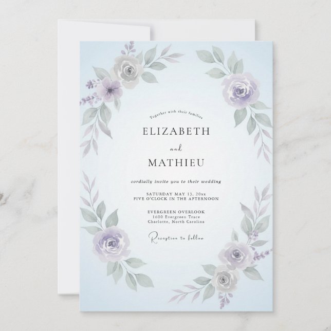 Coastal Periwinkle Leafy Wedding Invitation (Front)