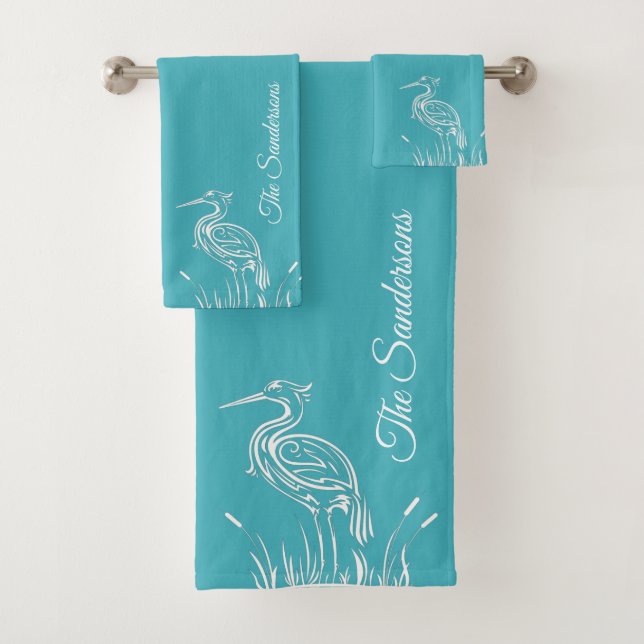 Coastal Personalize White Heron  Aqua Teal Blue Bath Towel Set (Insitu)