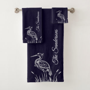 Coastal Personalized White Herons Birds Navy Blue  Bath Towel Set