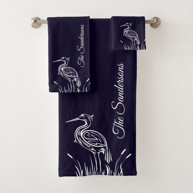 Coastal Personalized White Herons Birds Navy Blue Bath Towel Set (Insitu)
