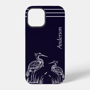 Coastal Personalized White Herons Birds Navy Blue iPhone 12 Case