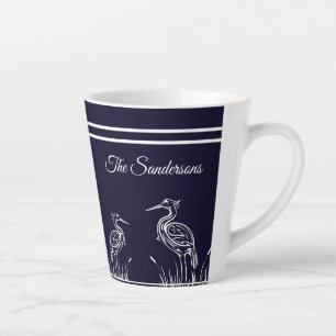 Coastal Personalized White Herons Birds Navy Blue  Latte Mug