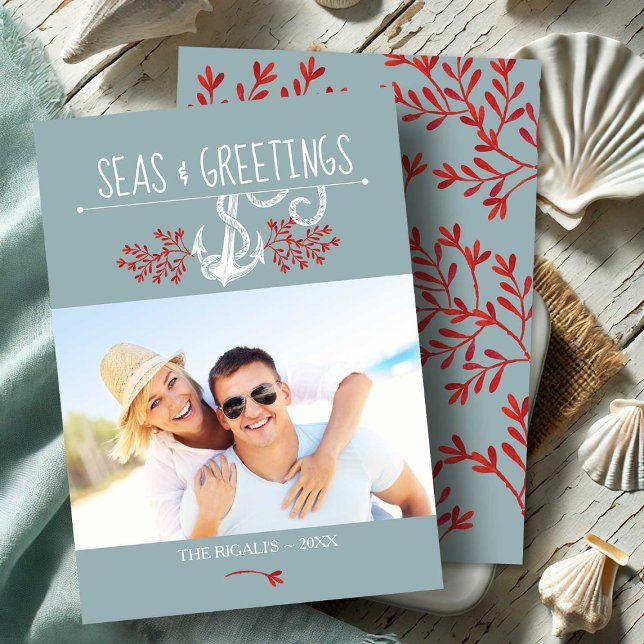 Coastal Photo Holiday Greeting Anchor Card (Beach Christmas Cards with photo art by Victoria Grigaliunas)