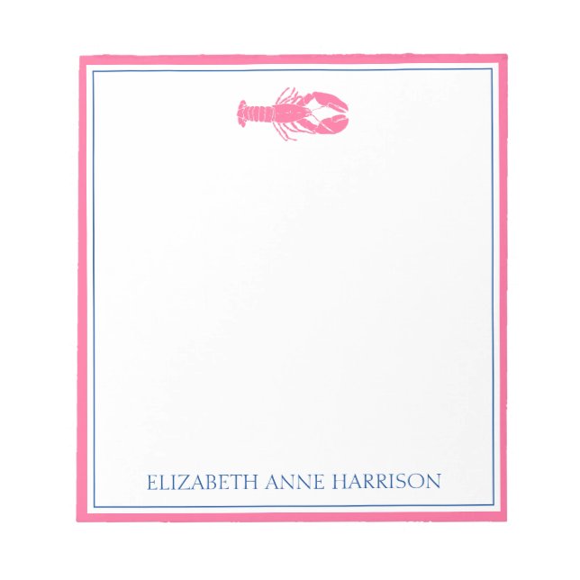Coastal Pink and Navy Blue Lobster Personalized Notepad (Front)