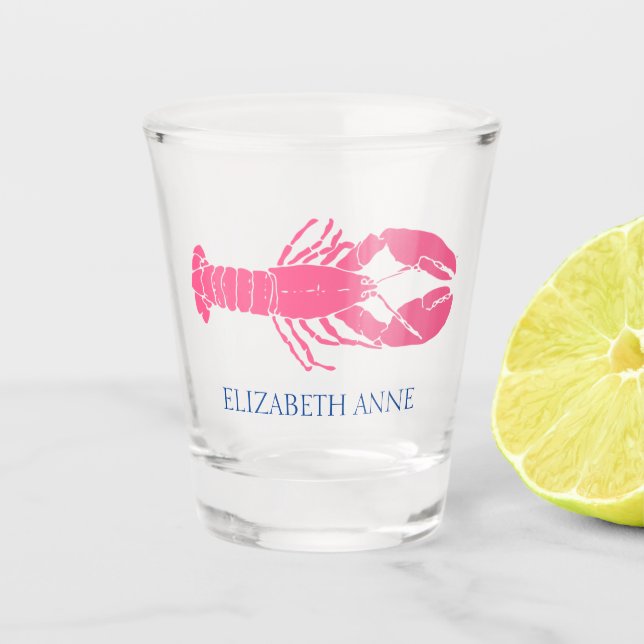 Coastal Pink and Navy Blue Lobster Personalized Shot Glass (Front)