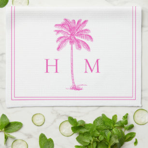 Coastal Pink and White Palmetto Palm Monogram Kitchen Towel