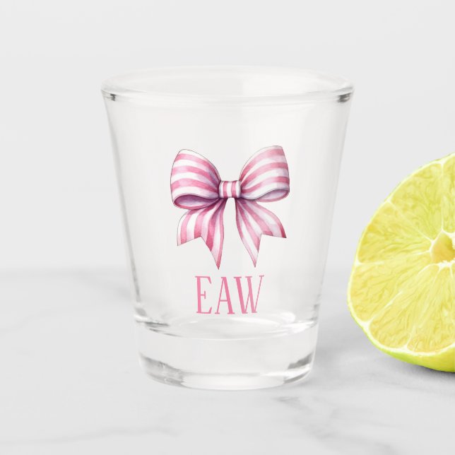 Coastal Pink and White Watercolor Bow Monogram Shot Glass (Front)