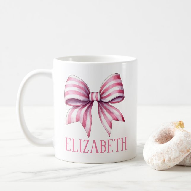 Coastal Pink and White Watercolor Bow Personalized Coffee Mug (With Donut)