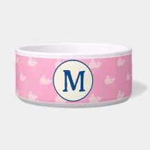 Coastal Pink and White Whale Monogrammed Dog Bowl