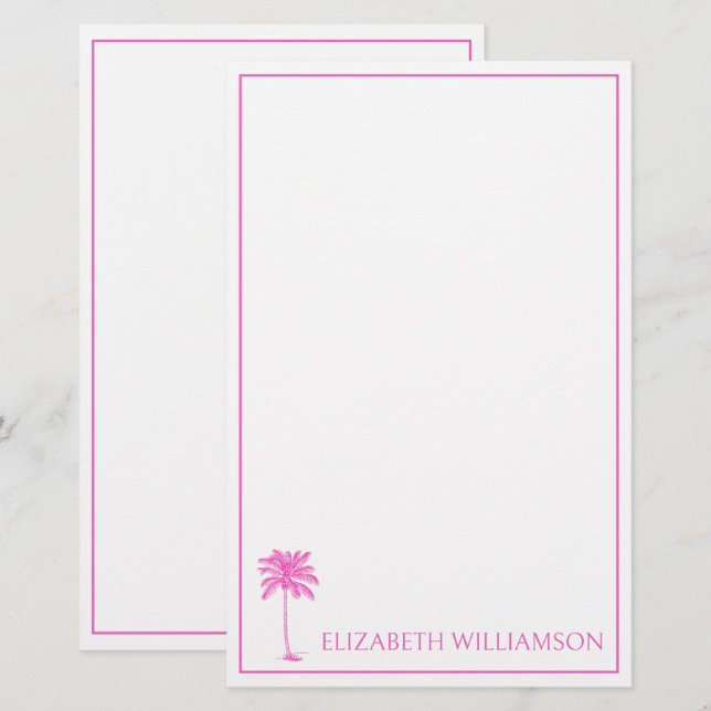 Coastal Pink Palmetto Palm Tree Personalized Stationery (Front/Back)