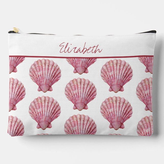Coastal Pink Seashell on White Personalized Accessory Pouch (Front)